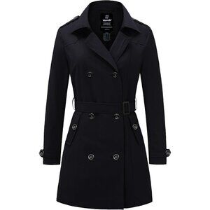 🆕Women's Black  Waterproof Trench Coat Classic Lapel Outerwear Coat with Belt